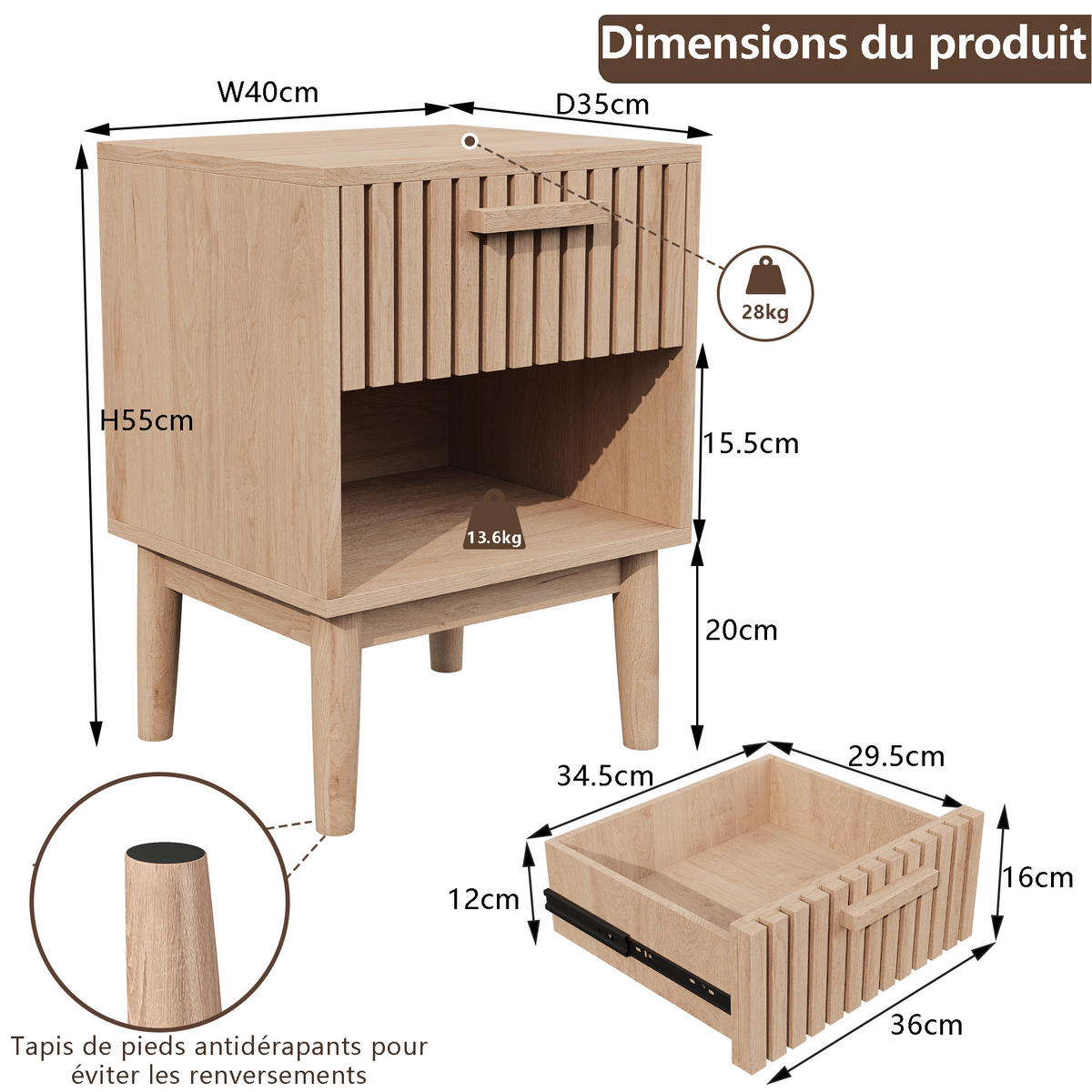 NACHTTISCH 2er-Set, Naturholz, Schubladen und Fächer, 40 x 35 x 55 cm - Eichefarben, Holz (40/55/35cm)
