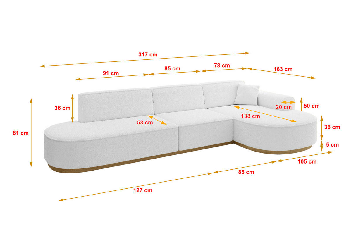 ECKSOFA Ottomane Rechts MARI-L2-v2 - 328x171x83 cm Weiß Bouclé - Weiß, Holzwerkstoff/Textil (171/328cm) - ALTDECOR