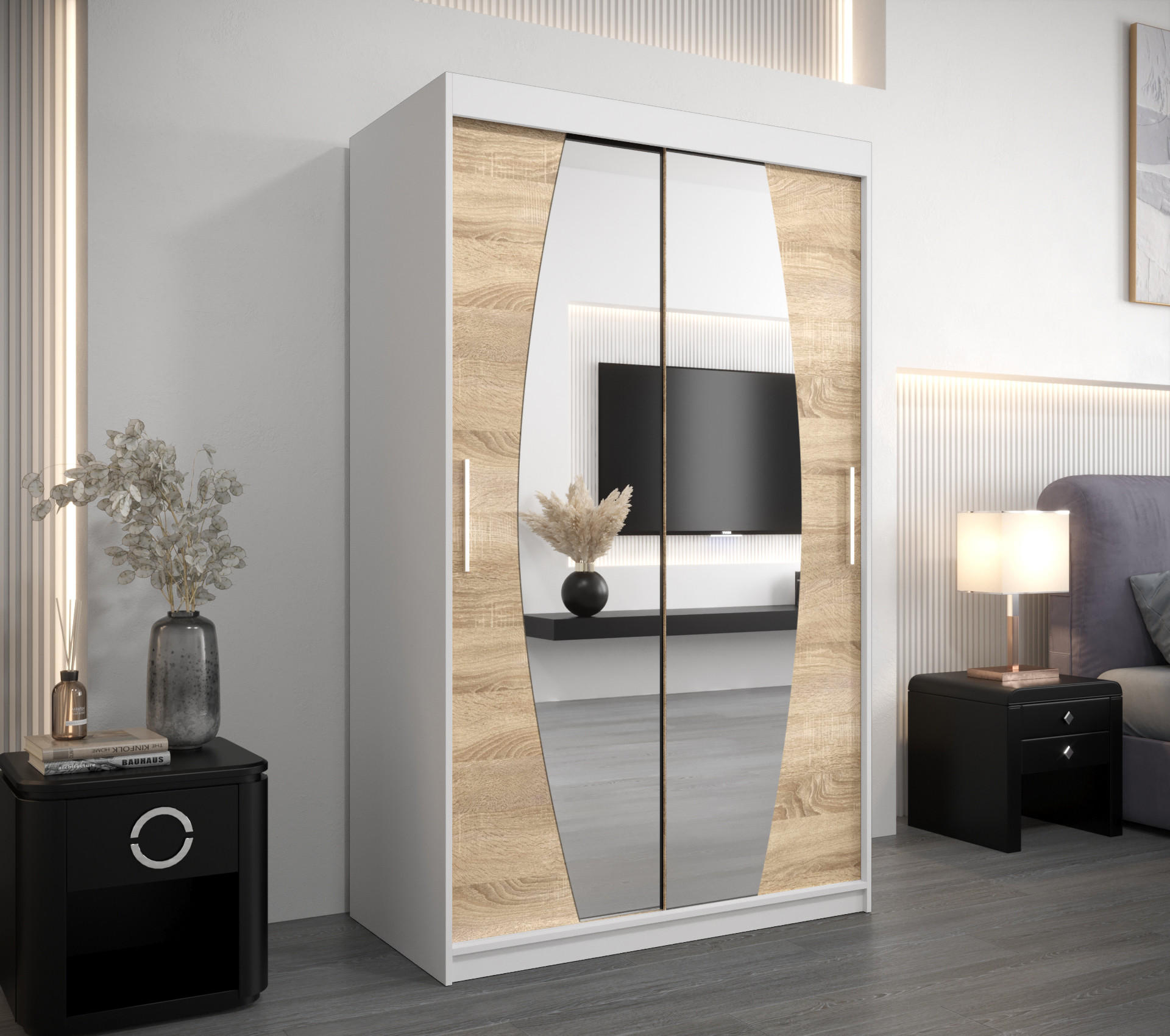 SCHWEBETÜRENSCHRANK 200/120/62 2-türig - Silberfarben/Weiß, Holz/Kunststoff (120/200/62cm) - Abiks Möbel