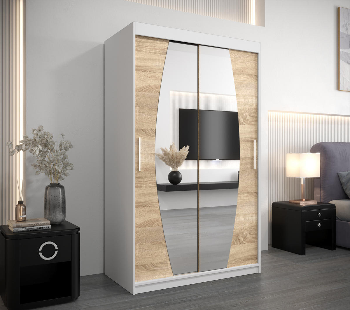 SCHWEBETÜRENSCHRANK 200/120/62 2-türig - Silberfarben/Weiß, Holz/Kunststoff (120/200/62cm) - Abiks Möbel