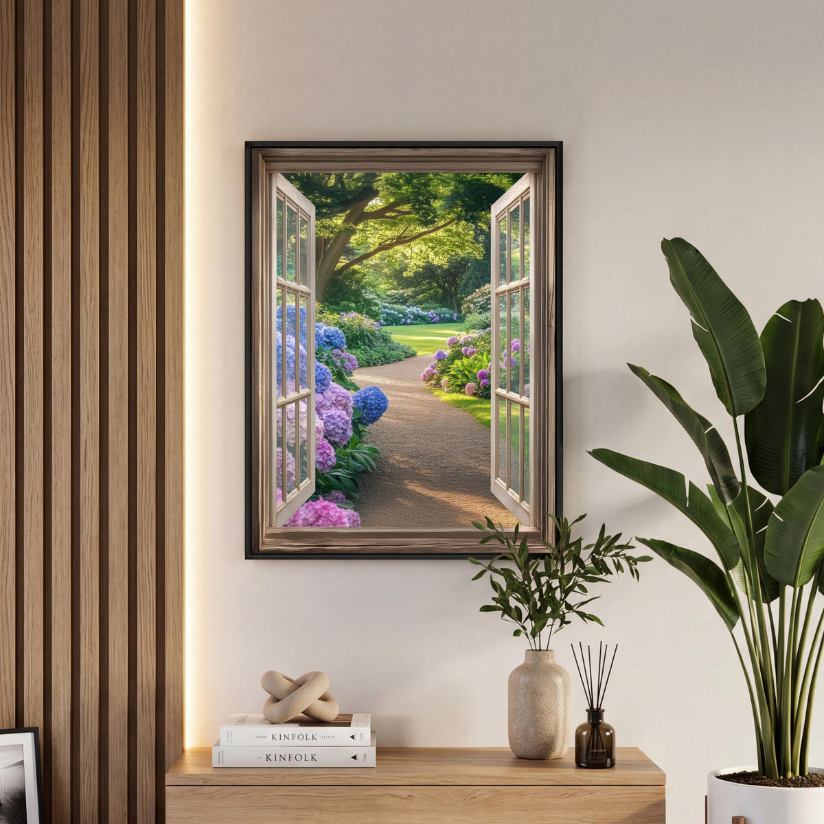 LEINWAND Bilder mit Rahmen - Aussicht - Garten - Fenster - Hortensie - Blumen - 50x70 - Pastellblau, Textil (50/70cm) - MuchoWow
