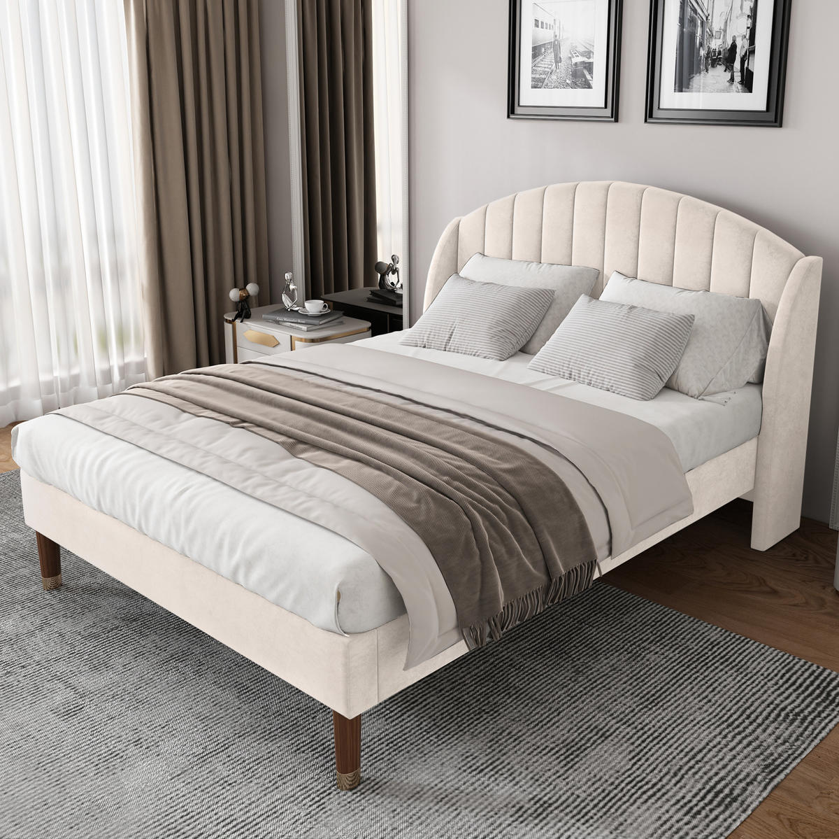 POLSTERBETT 140/200 cm mit Lattenrost, hohem gepolstertem Kopfteil und Samtbezug, Beige - Beige, Textil (140/200cm) - Redom