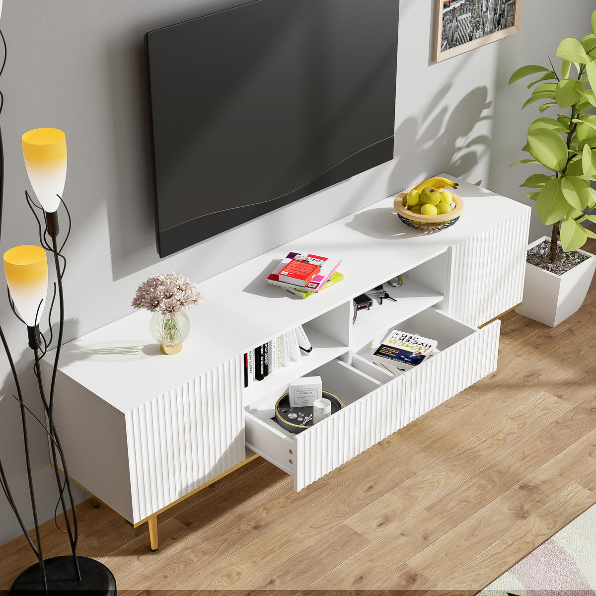 TV-SCHRANK in Weiß mit goldenen Akzenten und 2 Schubladen 165/36/55 cm - Weiß, Holzwerkstoff (165/55/36cm) - Redom