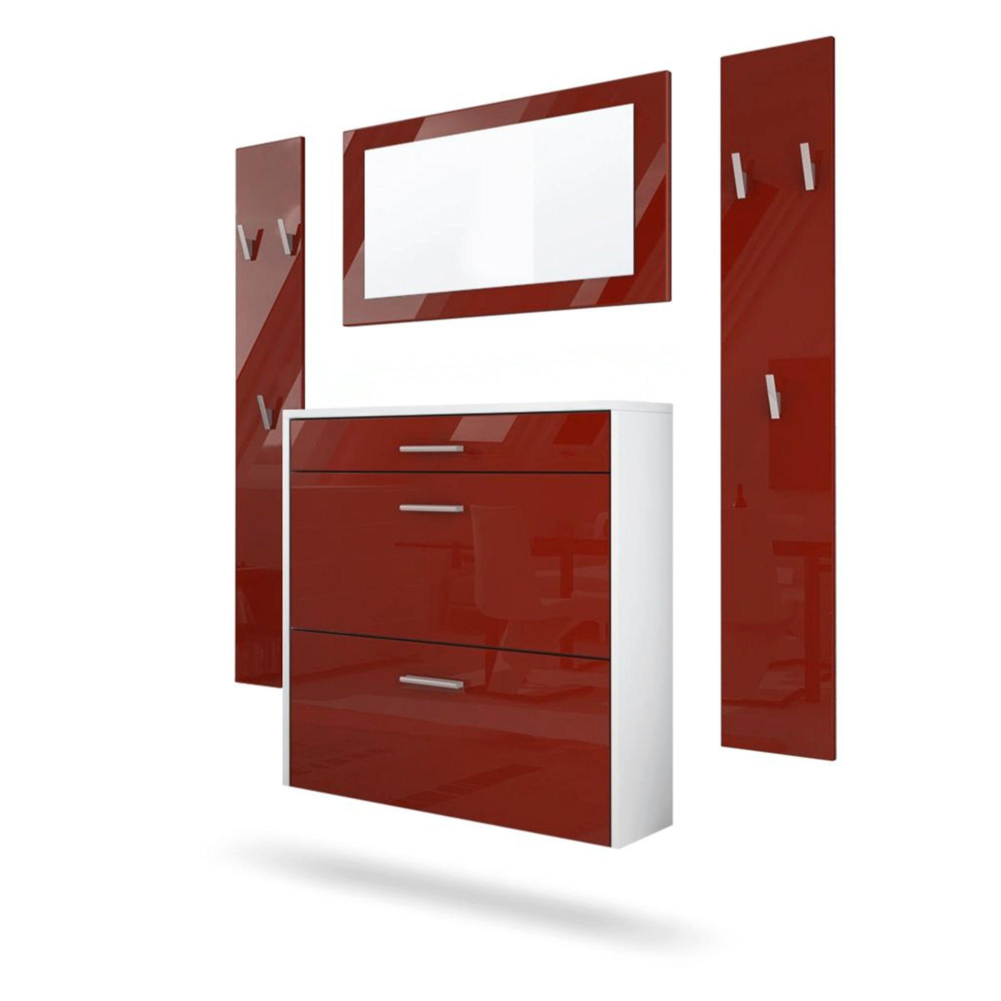 GARDEROBEN-SET Roma Air 4-teilig, Moderne Flurgarderoben Set mit Schuschrank, 2 Wandpaneele und Wandspiegel, Weiß matt/Bordeaux Hochglanz - Bordeaux, Holzwerkstoff (190/200/23cm) - InnoFurn