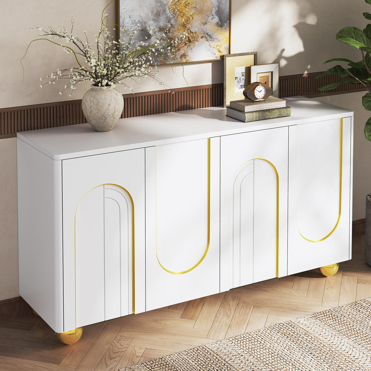 SIDEBOARD 4 Türen Goldlinien Design Metallfüße Modern Schrank - Weiß, Holzwerkstoff (140/74/40cm) - FLIEKS