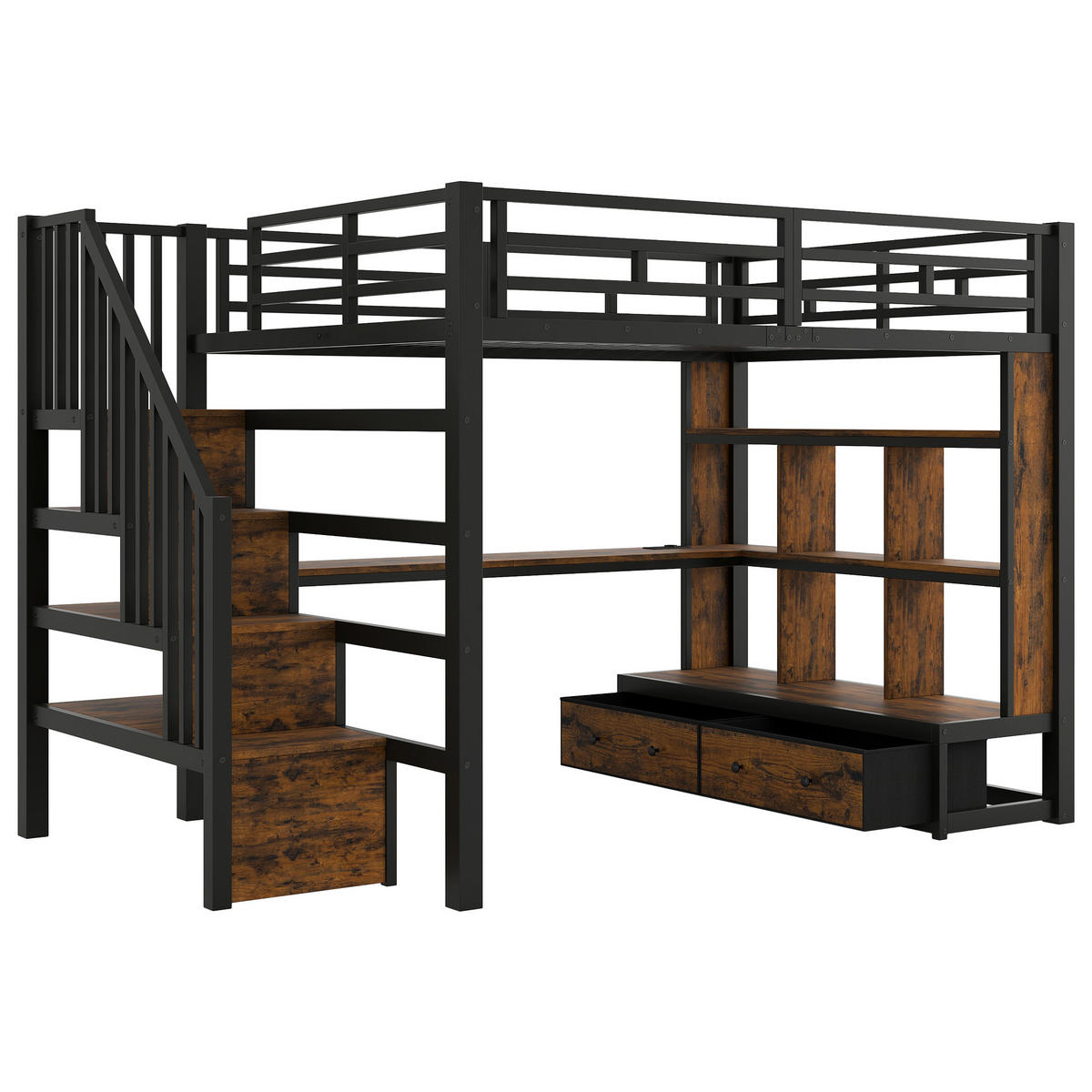 HOCHBETT 140/200 cm in Schwarz mit Schreibtisch, Regalen, 2 Schubladen, Treppe mit Stauraum und LED - Schwarz, Holzwerkstoff/Metall (140/200cm) - STILVORA
