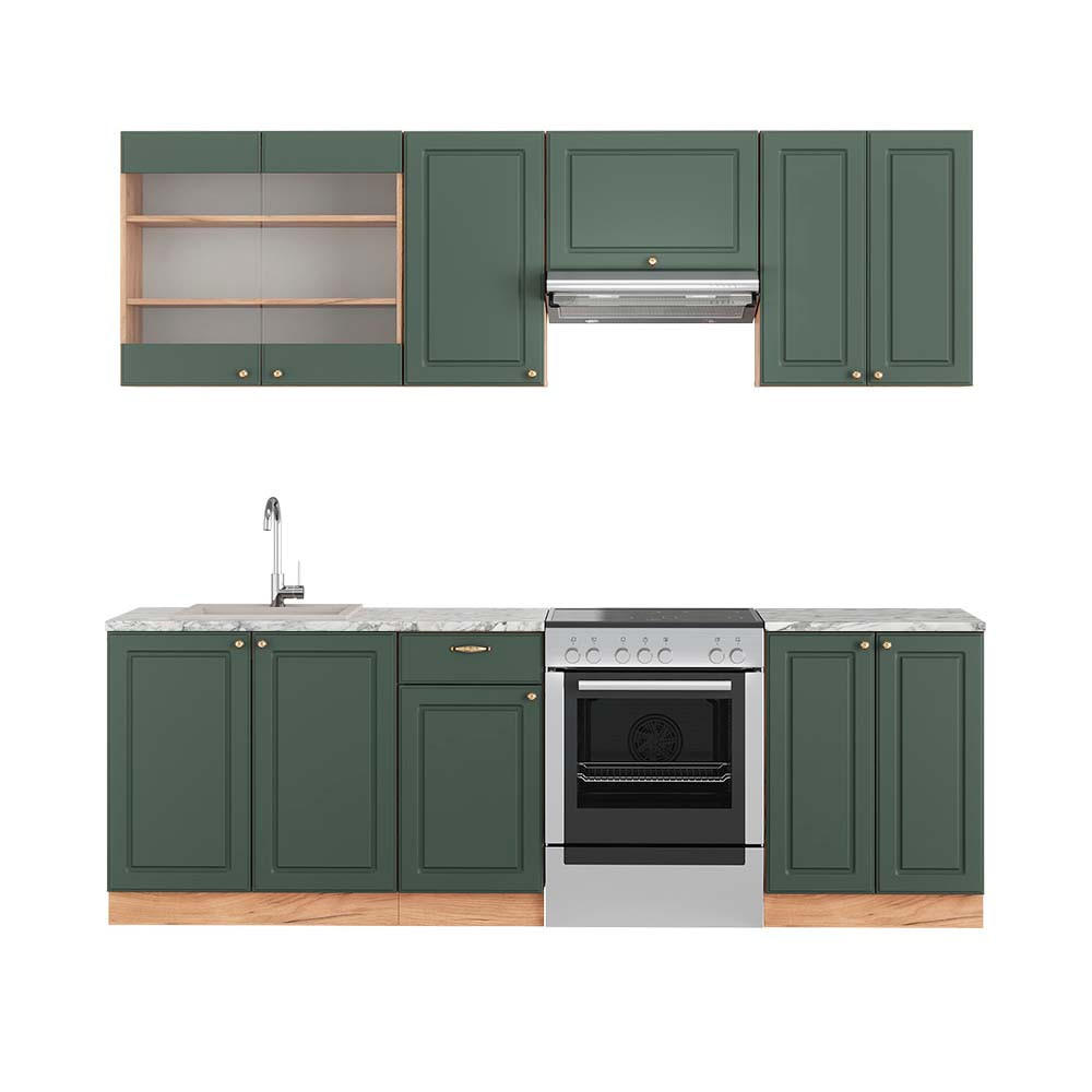 KÜCHENZEILE Fame-Line Grün-Gold Landhaus/Goldkraft Eiche 240 cm AP Marmor - Eiche Wotan/Grün, Holzwerkstoff (240/81.6/60cm) - Vicco