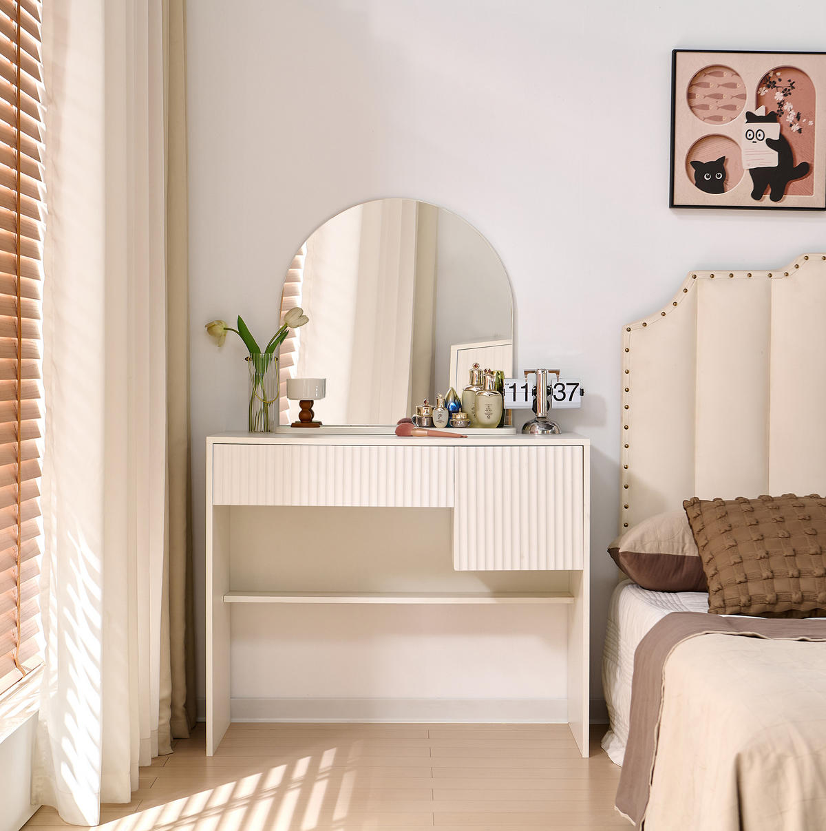 SCHMINKTISCH 40/90/135 cm weiß aus MDF mit Spiegel und 2 Schubladen - Weiß, Holzwerkstoff (40/135/90cm) - OKWISH