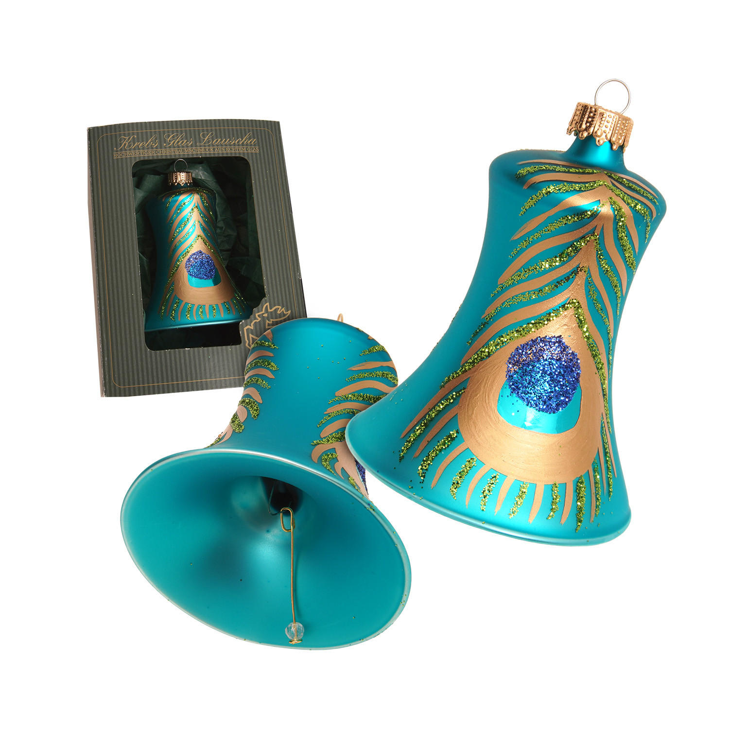 CHRISTBAUMSCHMUCK Glocke Pfau Türkis 8cm (Glas / 1 Stk.) - Türkis, Glas (6/8/6cm) - Krebs Glas Lauscha
