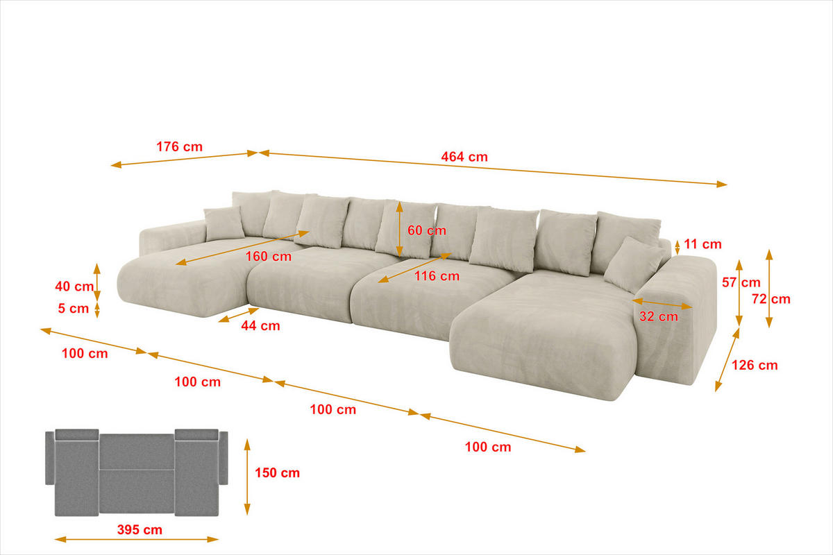 WOHNLANDSCHAFT mit Schlaffunktion ESKAR-U2-464x176x84cm Beige - Beige, Holzwerkstoff/Kunststoff (176/72/464cm) - ALTDECOR