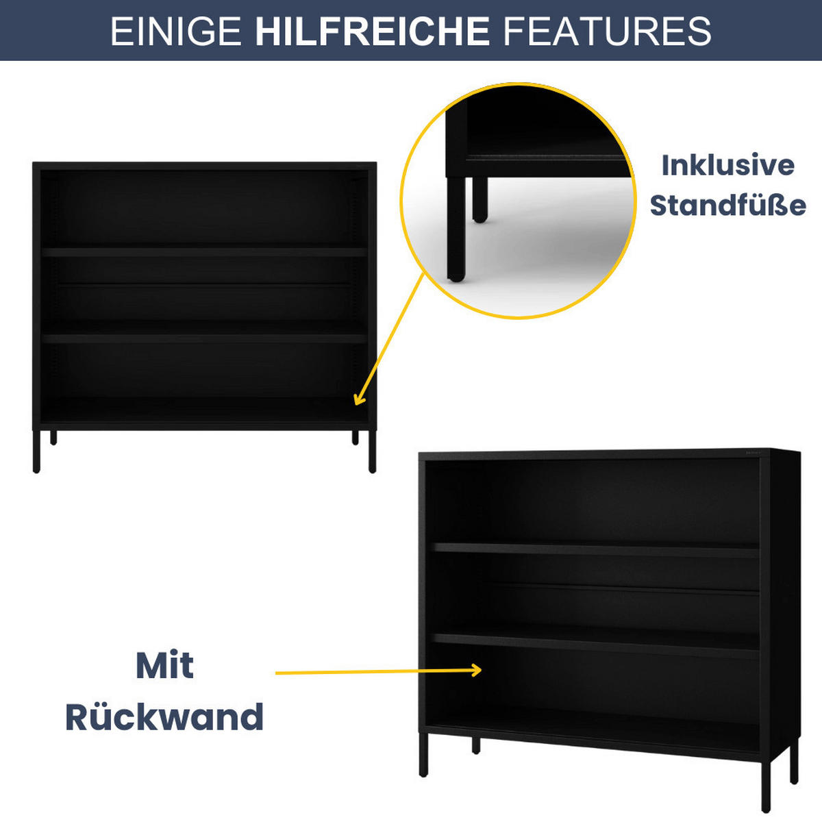KOMMODE Metall offen LUCA 4 Ebenen 90x100x35cm Schwarz - Schwarz, Metall (100/90/35cm) - Jan Nowak