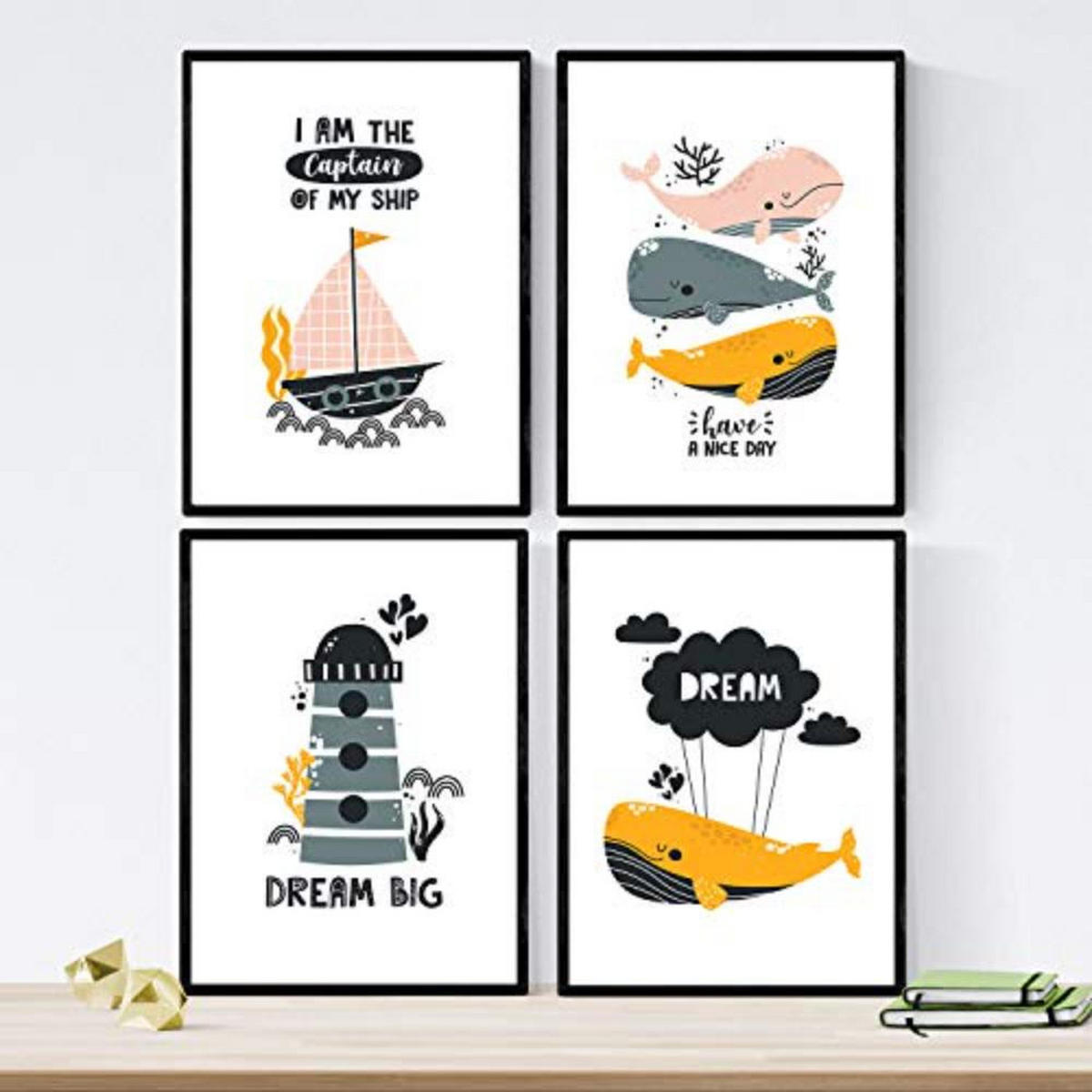 POSTER Set mit 4 Wale Leuchtturm Marine Schiff auf dem Meeresboden A3 Schwarzer Rahmen - Schwarz, Papier (29.7/3cm) - Nacnic