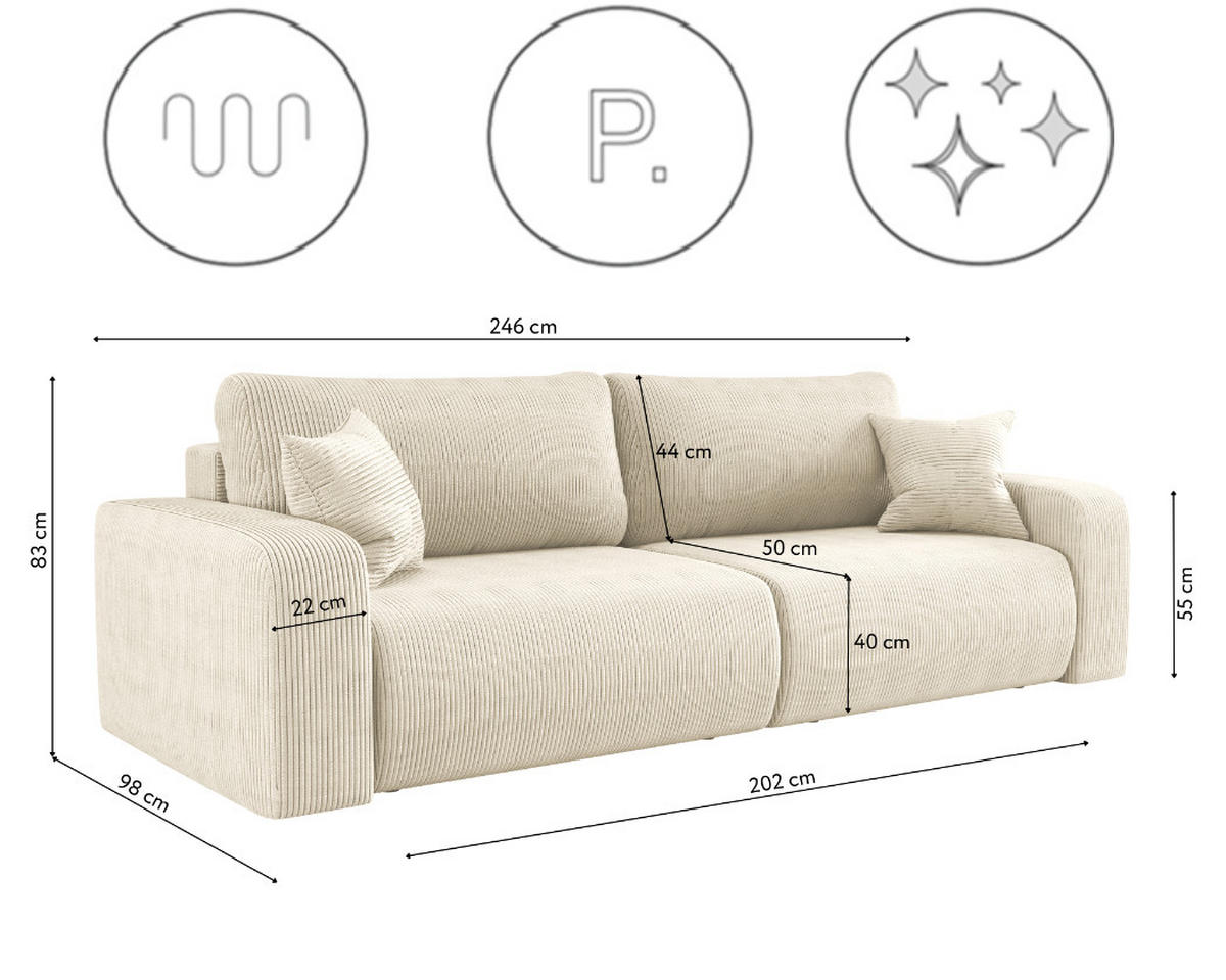 SCHLAFSOFA MILANO und Bettkasten Stoff Poso Ecru - Ecru, Holz (246/83/98cm) - Kaiser Möbel