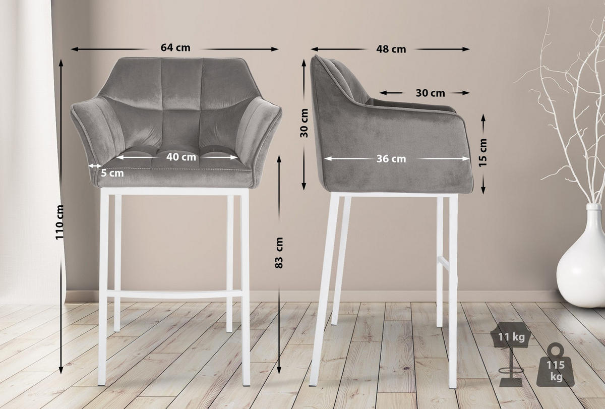 BARHOCKER 2er Set Samt Grau - Weiß/Grau, Textil (64/110/48cm) - CLP