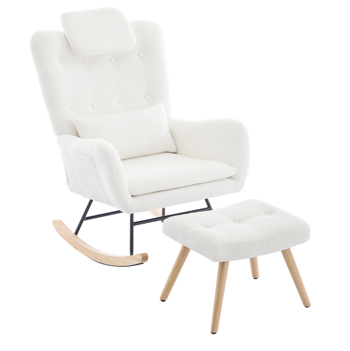 SCHAUKELSTUHL Teddy-Samt mit Hocker und Taschenablage 73/92/102 cm Weiß - Weiß, Holz/Textil (92/102/73cm) - Redom