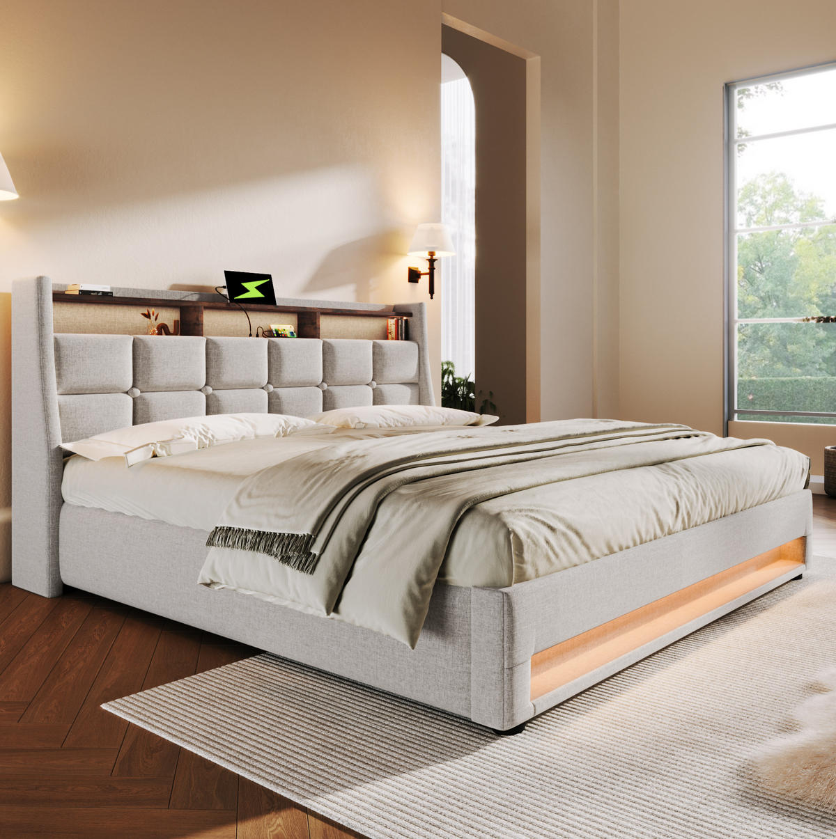 BETT mit Stauraum und USB 140x200 cm Leinen Beige - Beige, Metall (140/200cm) - Meubliv