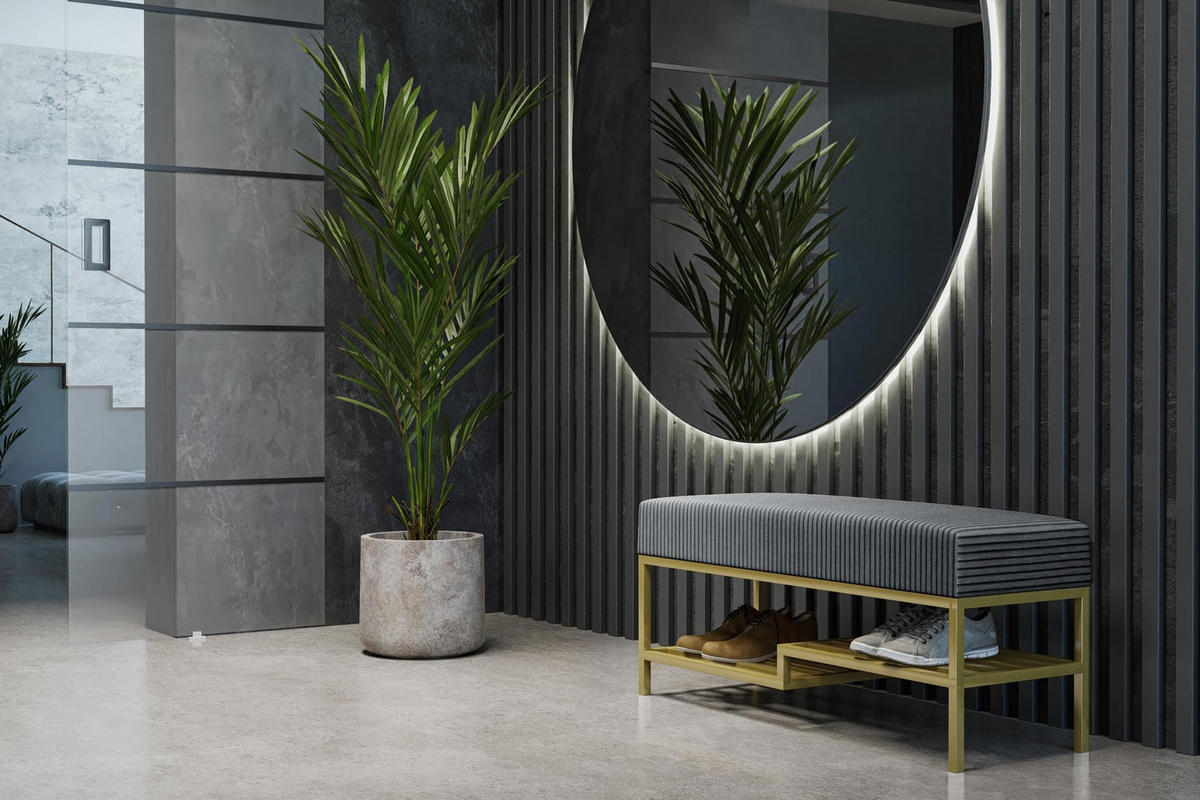 SITZBANK Mello 80 Dunkelgrau, Goldfarbene Beine, Cordstoff Bank mit Ablage - Dunkelgrau/Goldfarben, Holzwerkstoff/Textil (80/45/35cm) - Bettso