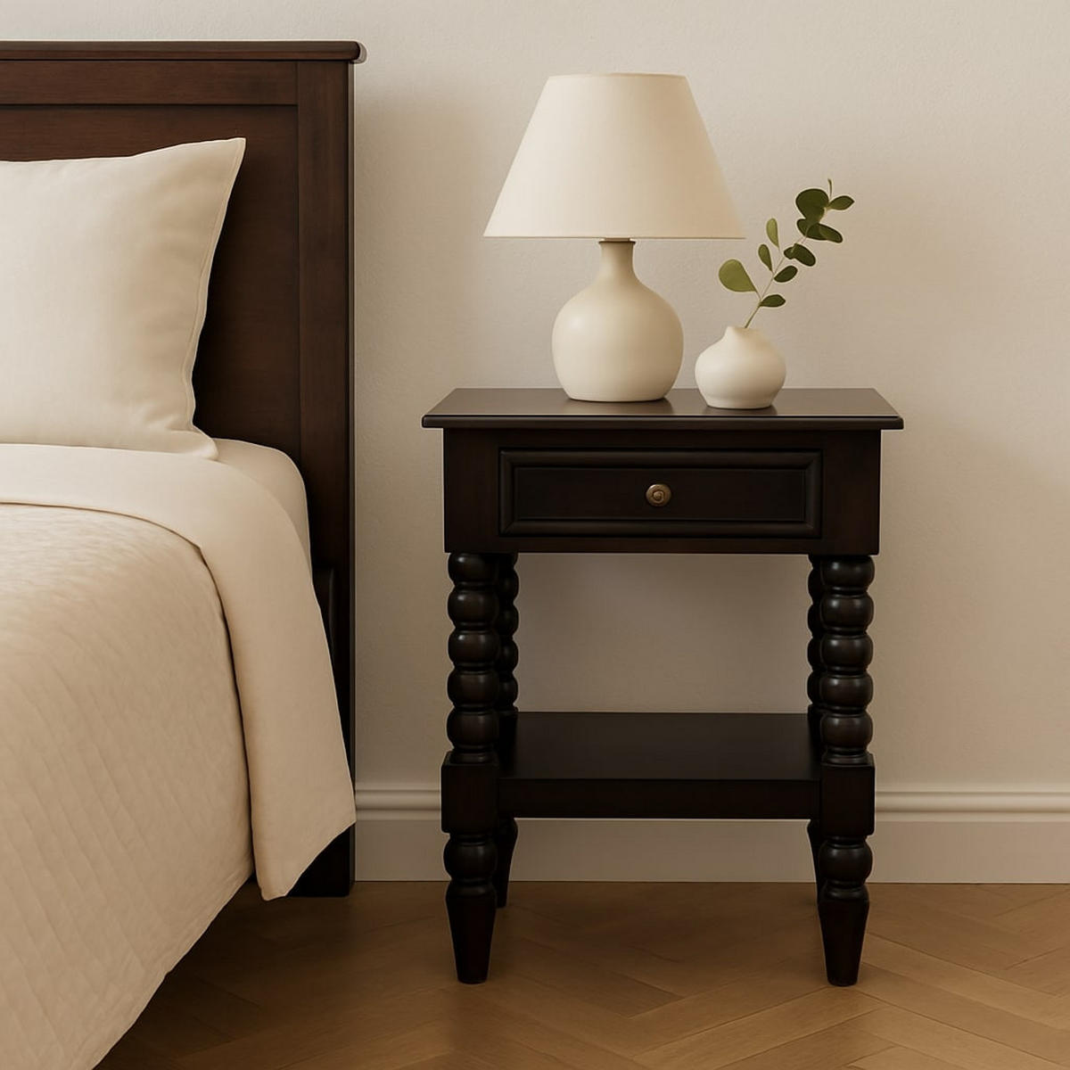 NACHTKASTEN Vienna, 1 Schublade und Offenes Regal, Dunkelbraun - Dunkelbraun/Messingfarben, Holz/Metall (45/60/35cm) - Artisan Furniture