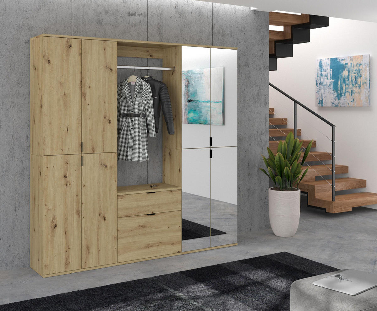 GARDEROBEN-SET Artisan Eiche 183 cm, Komplettset mit flexibler Inneneinteilung - Schwarz/Eiche Artisan, Glas/Holzwerkstoff (183/193/34cm) - Inn.Furn