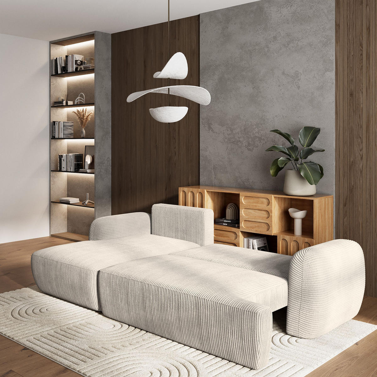 ECKSOFA MODENZA P L-S Creme Kordstoff mit Schlaffunktion - Creme, Holz (266/148cm) - MASSENO