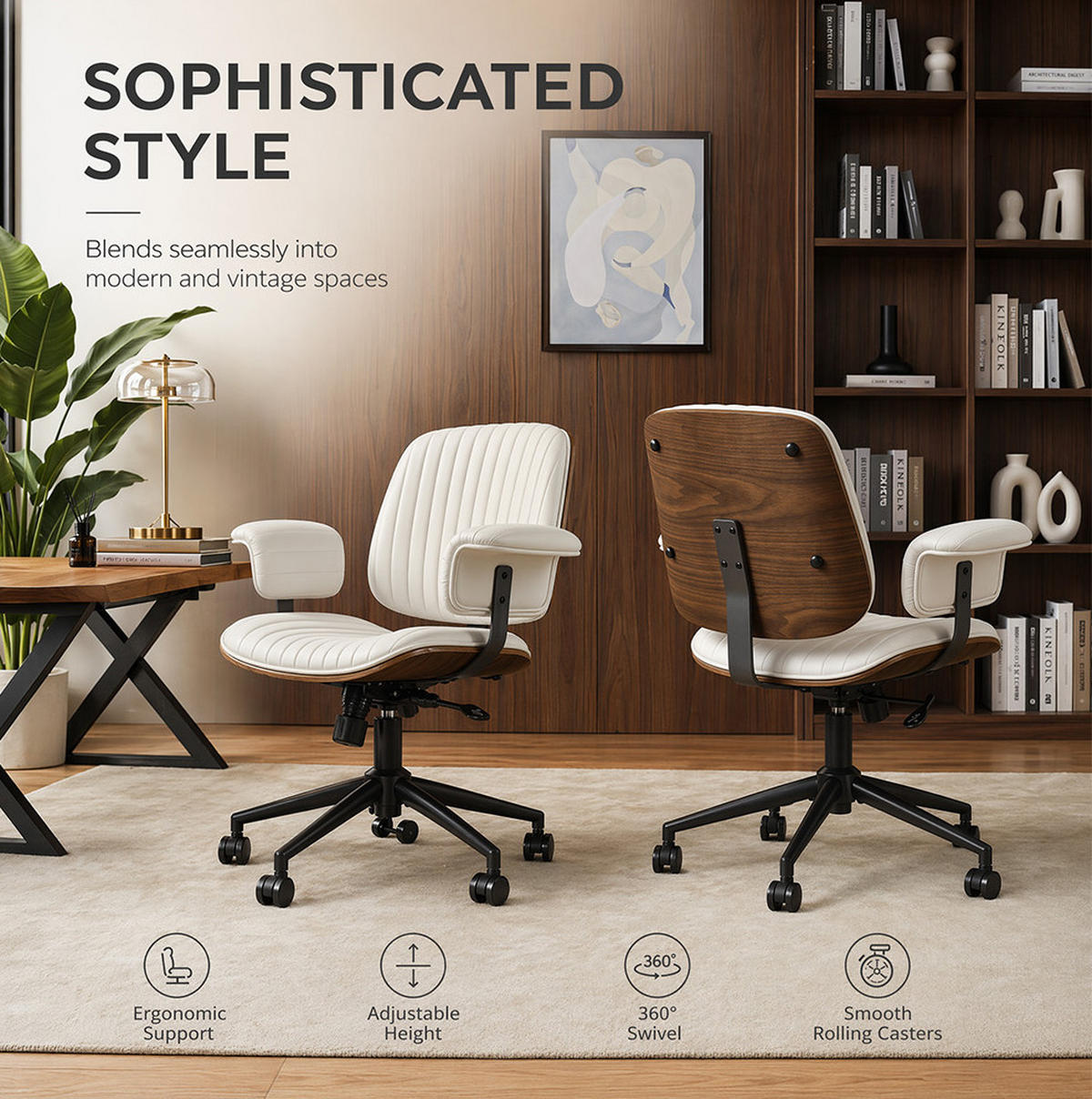 SCHREIBTISCHSTUHL in Beige 59x73x87 cm mit Armlehnen, Drehfunktion und Rollen - Beige, Leder (73/87/59cm) - IVMEU