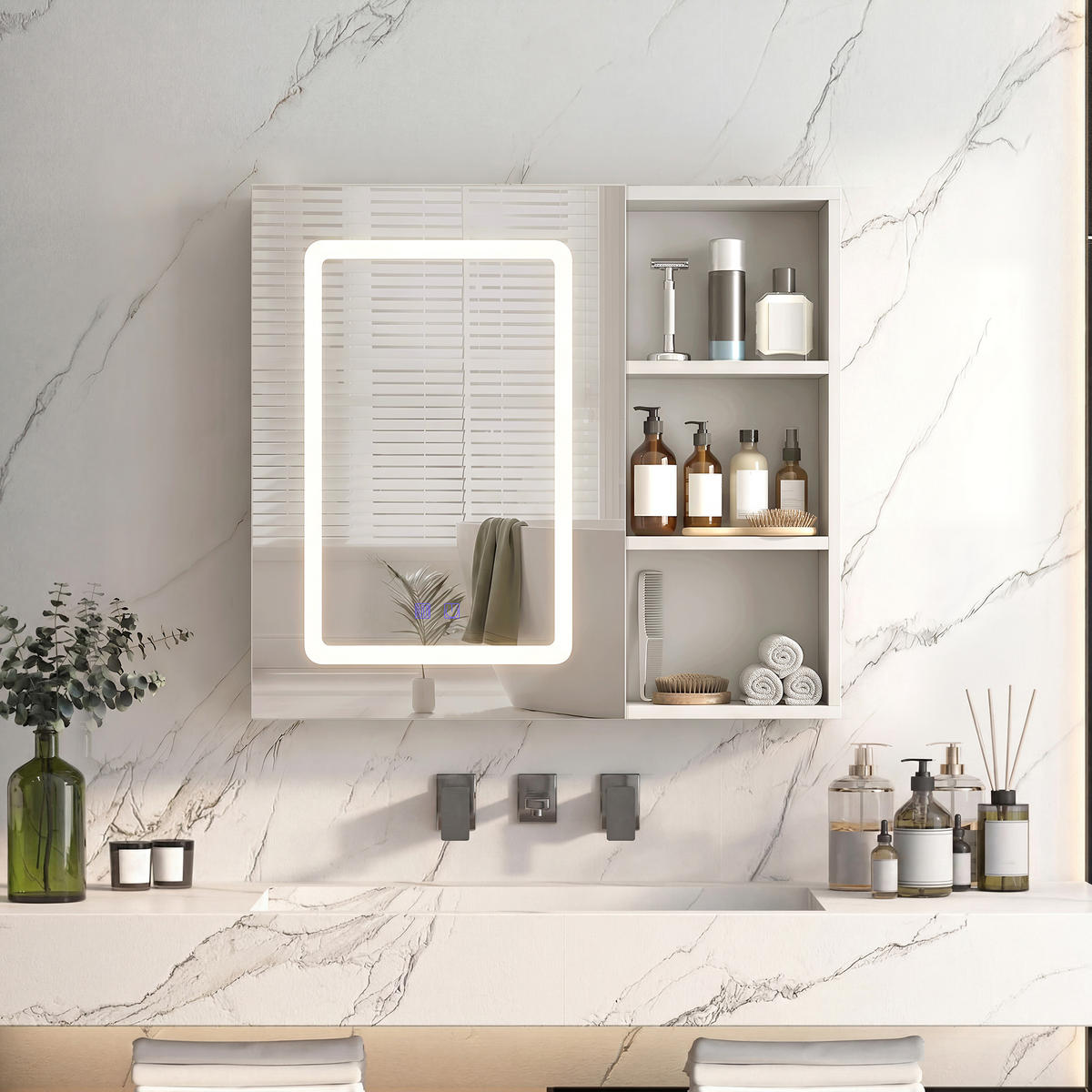 SPIEGELSCHRANK 60/60/15 cm, einzeltürig mit offener Seitenablage, 3-farbigem LED, höhenverstellbare Ablagen, Weiß - Weiß, Glas (60.2/60.2/15.2cm) - BRILVERDE