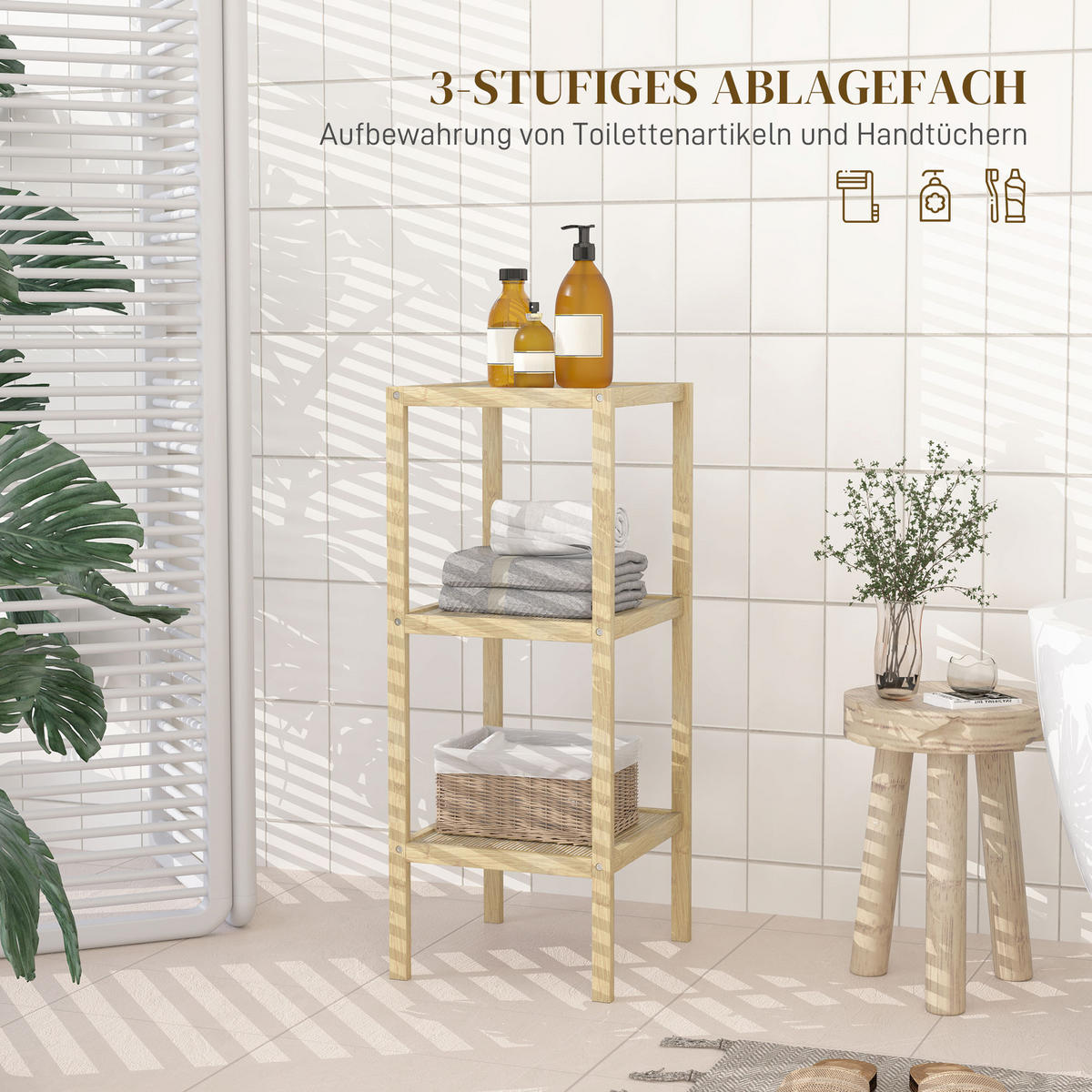 BADEREGAL, Badezimmerregal mit 3 Ebenen, 33 x 31 x 78 cm, Naturholz - Naturfarben, Naturmaterialen (31/78/33cm) - HOMCOM