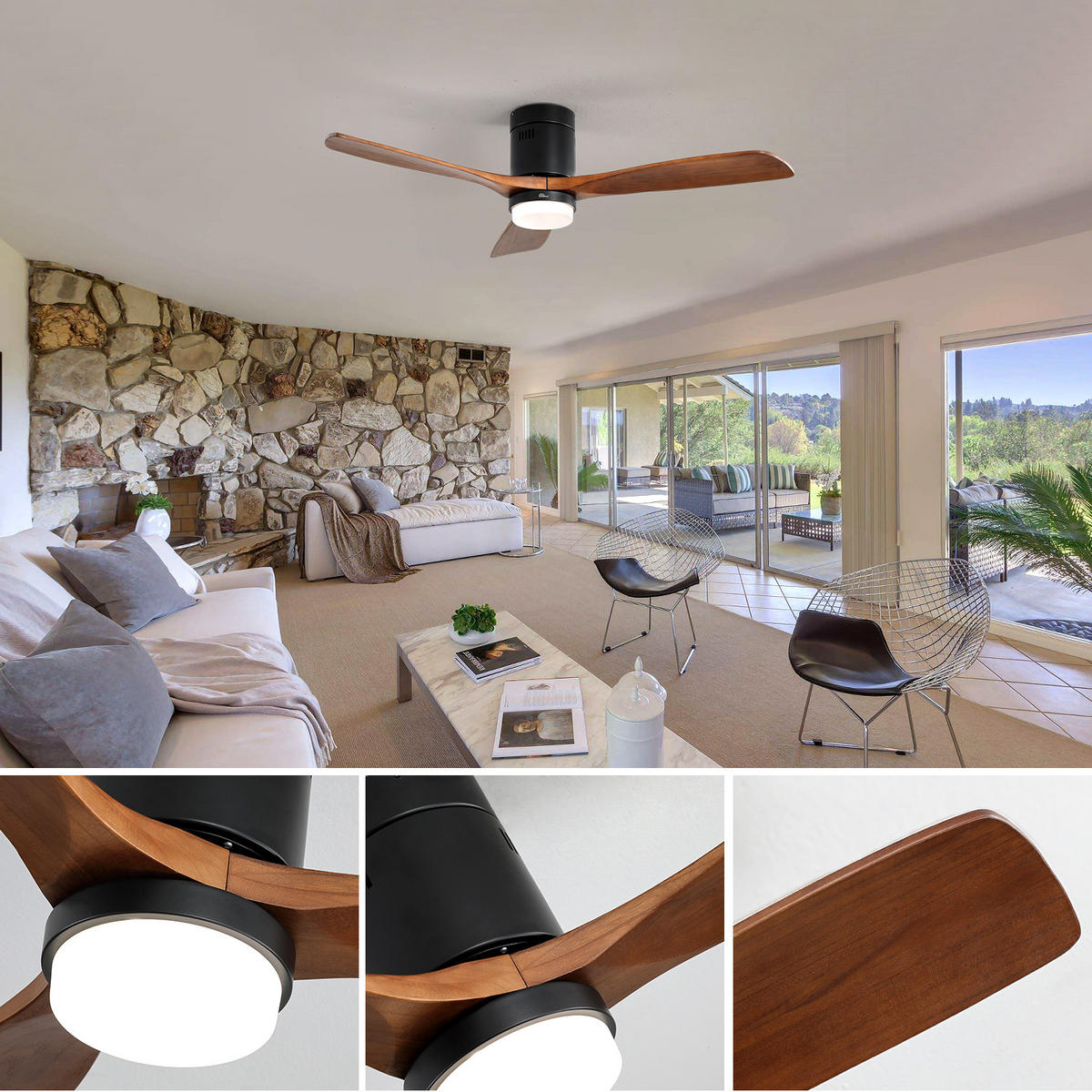 DECKENVENTILATOR DE-16295 52 Zoll mit 3 Massivholzflügeln & LED Walnuss - Schwarz, Holz/Metall (132/132/30cm) - ComfortXL