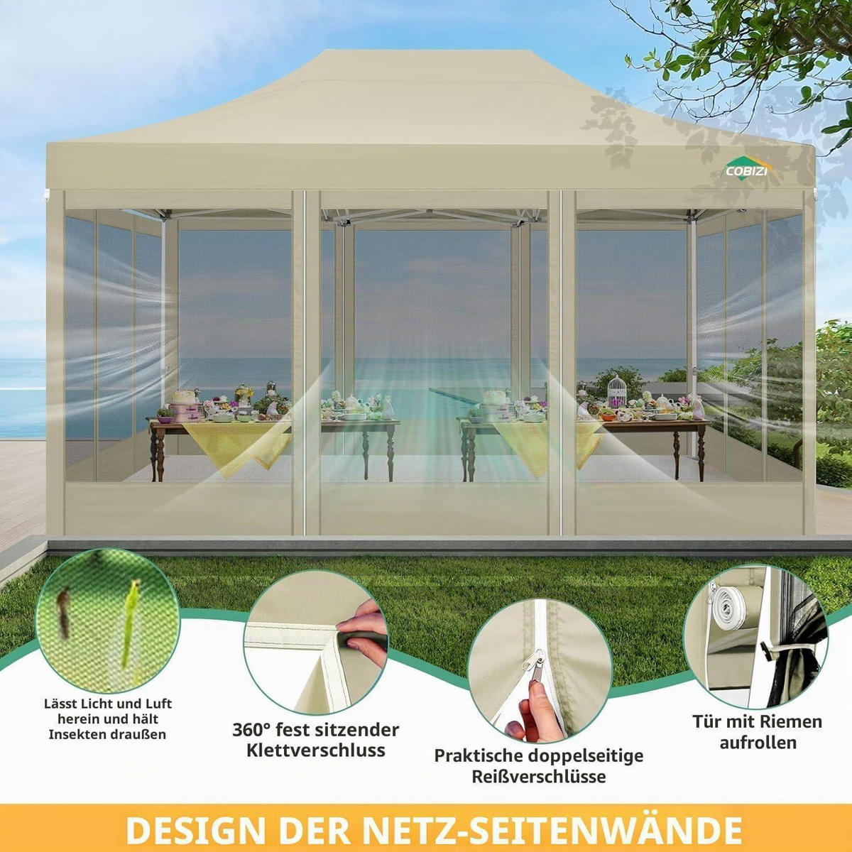 FALTPAVILLON 3 x 4.5 m Wasserdicht mit 4 Netzseitenwänden Khaki - Beige, Textil (300/336/450cm)