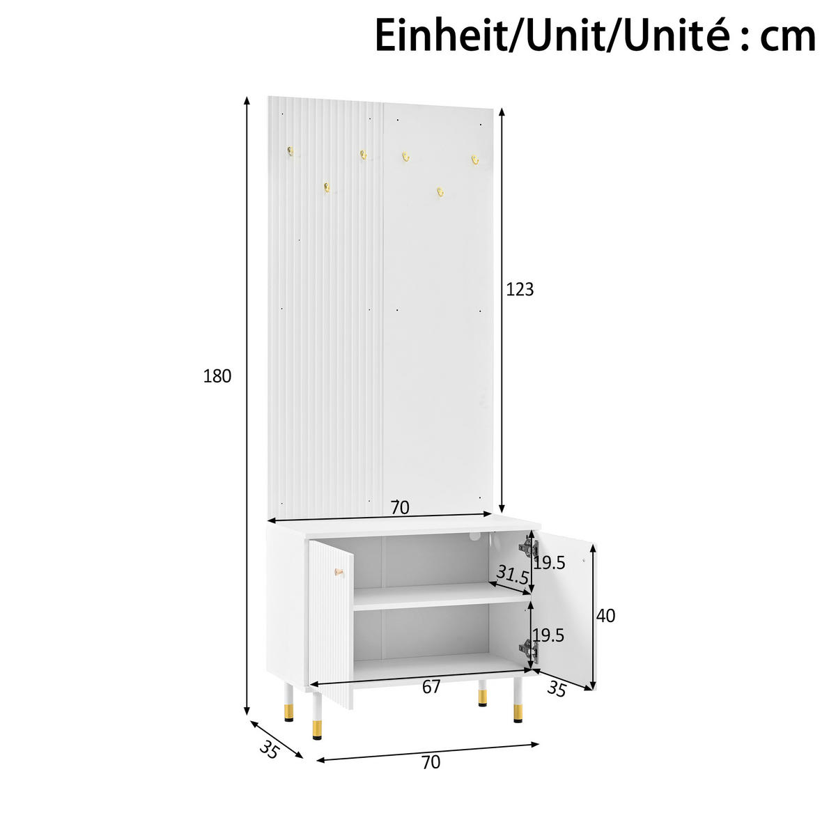 GARDEROBE Schrank Schuhschrank Haken Metallfüße Modern - Weiß, Holzwerkstoff (70/180/35cm) - FLIEKS