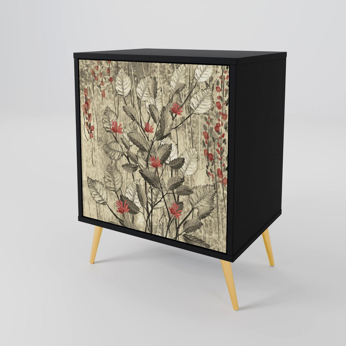 SIDEBOARD HERBAL GRACE, Schwarz, 57,5x42x72,5 cm, Schwarze Metallfüße - Multicolor/Schwarz, Holzwerkstoff/Metall (57.5/72.5/42cm) - SpaceRebels
