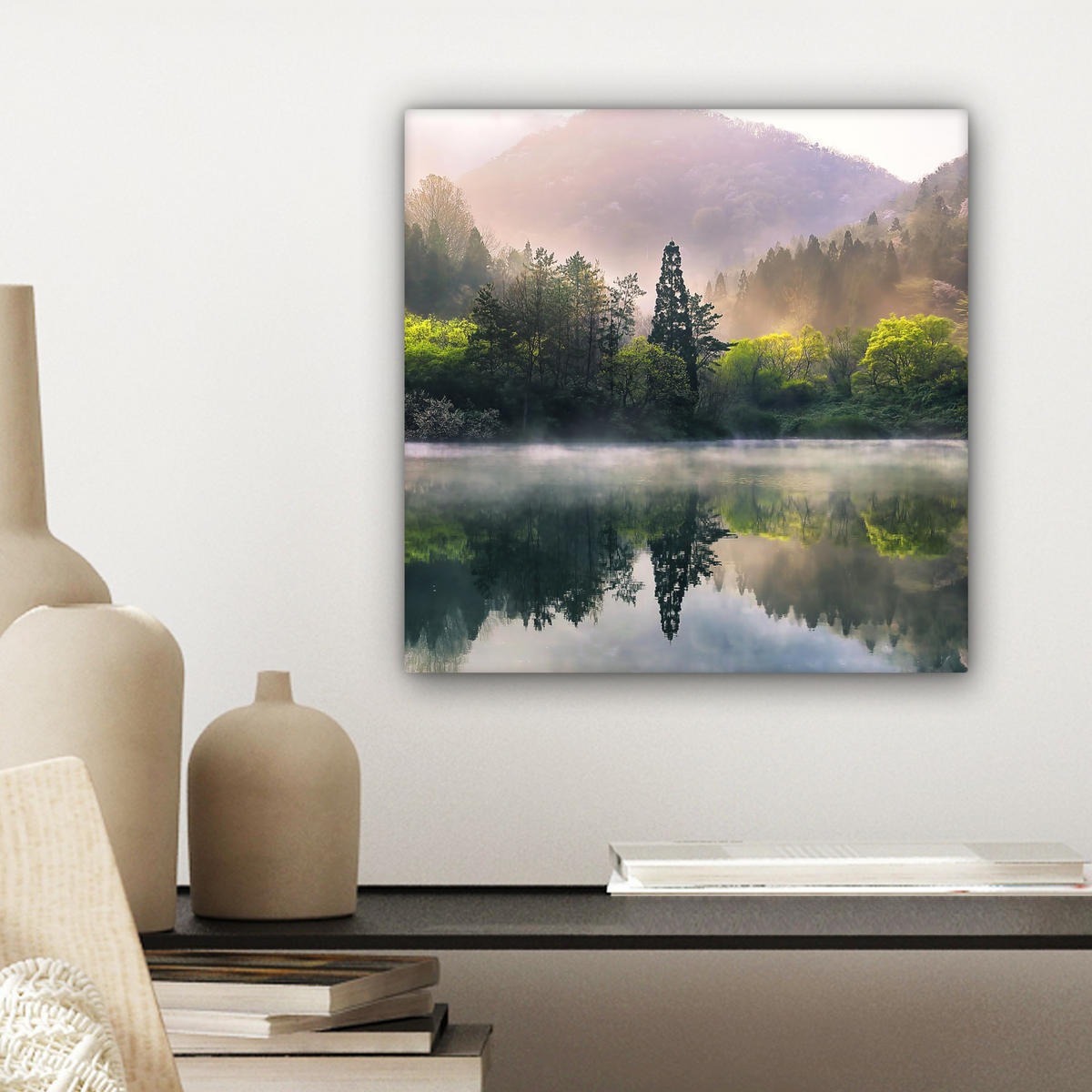 LEINWANDBILD Natur - Bäume - Berge - See - Wasser Deko Wohnzimmer 20x20 cm - Hellgrün, Textil (20/20cm) - MuchoWow