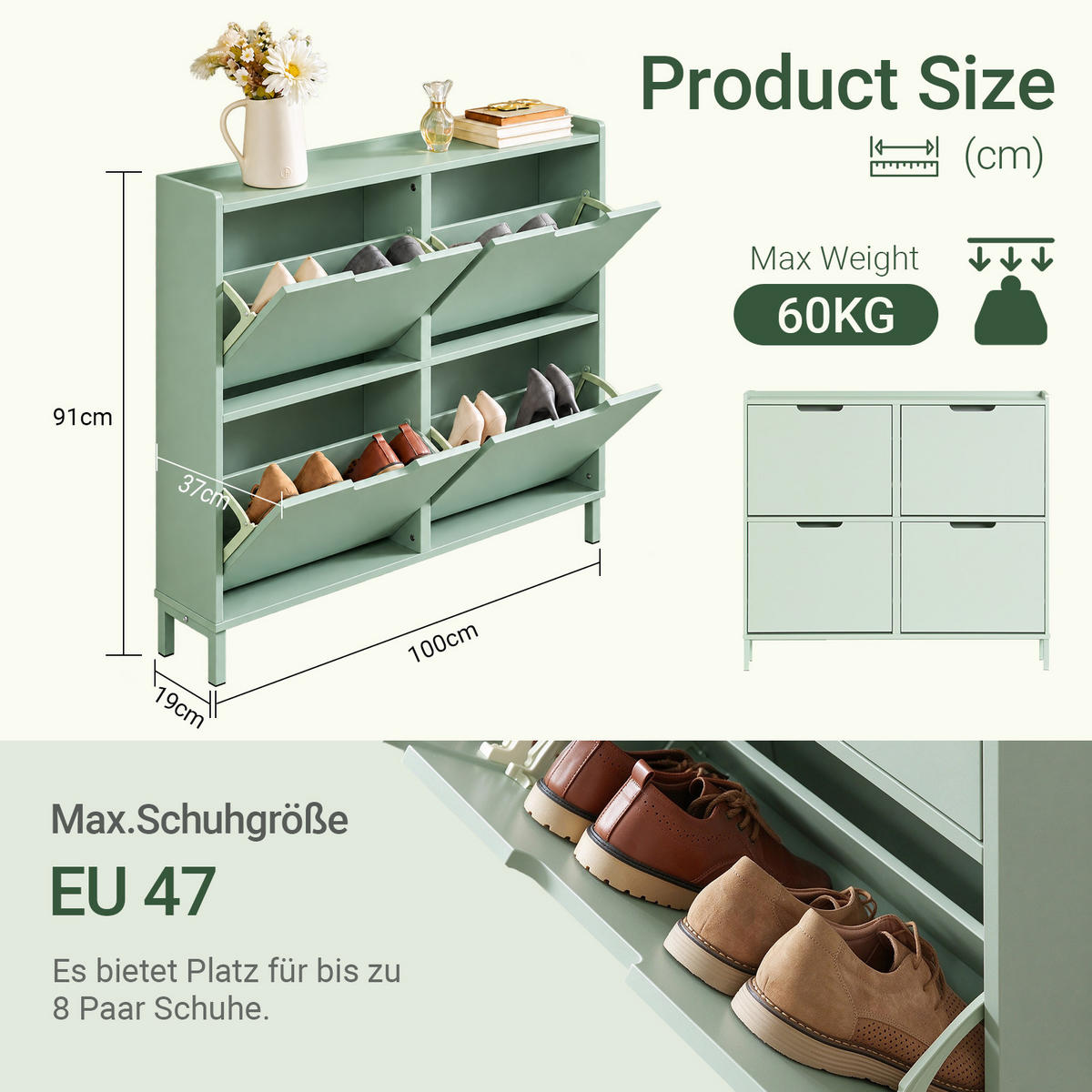 COMODĂ pentru hol cu 4 sertare tip clapetă - verde, compozit lemnos/metal (100/91/19cm) - SoBuy