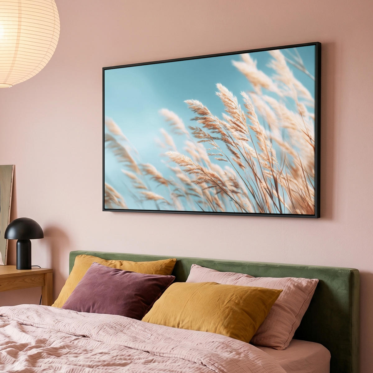 LEINWAND Bilder mit Rahmen - Ziergras - Wind - Hellbraun - 150x100 - Hellblau, Textil (150/100cm) - MuchoWow