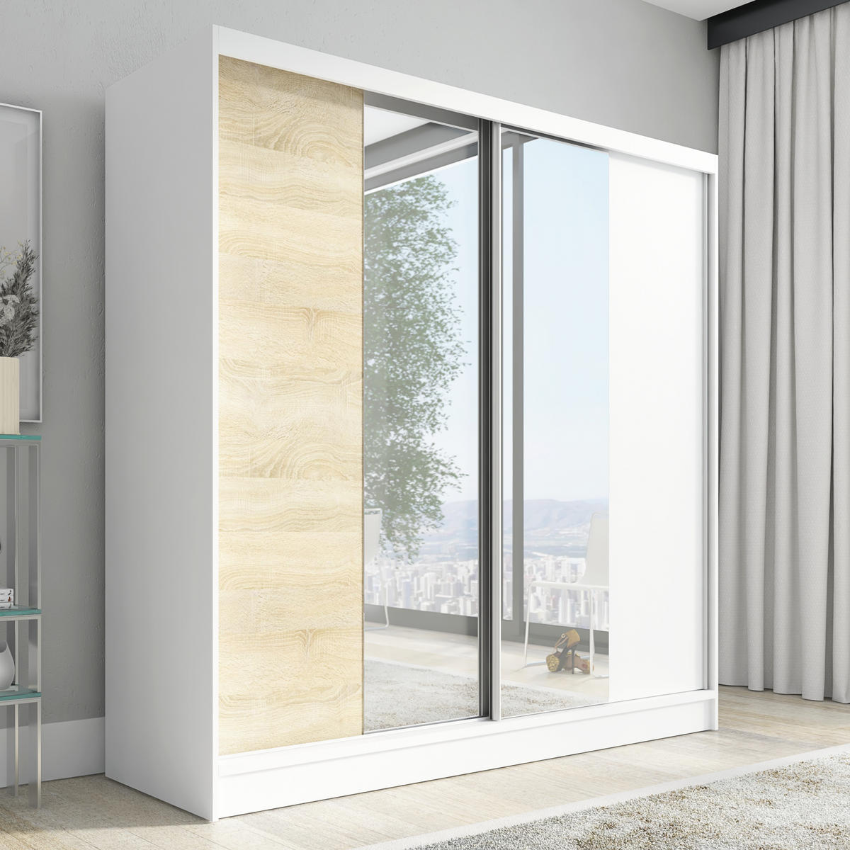 SCHWEBETÜRENSCHRANK 200 CM DUO Farbe: Weiß |sonoma|weiß - Weiß/Braun, Holzwerkstoff (200/215/60cm) - A&J MöbelLand