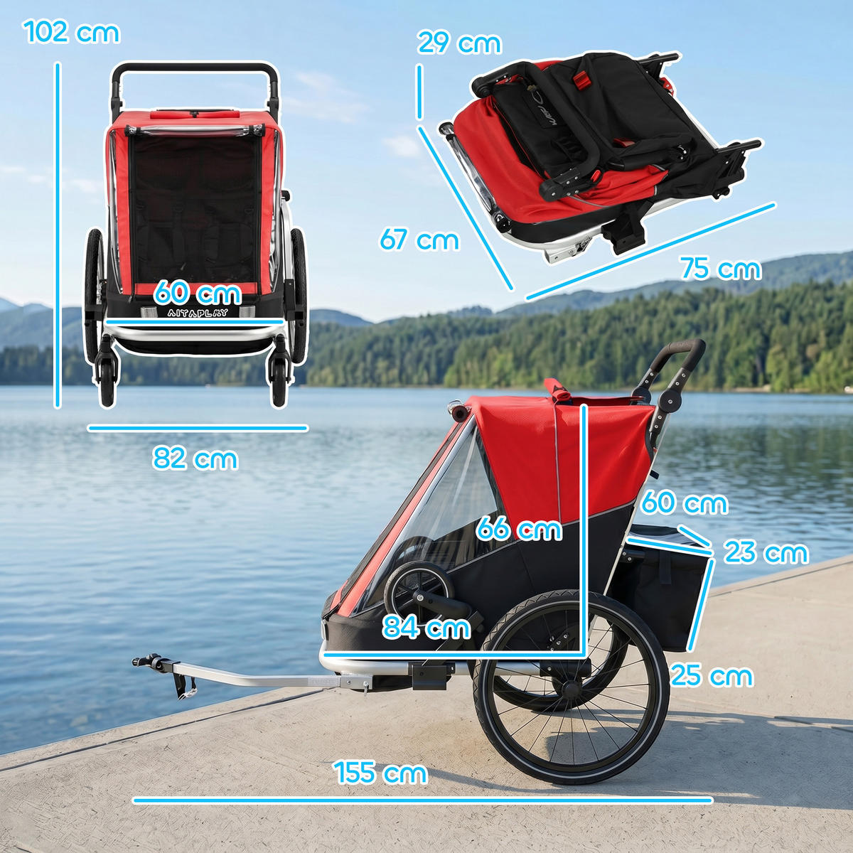 KINDERFAHRRADANHÄNGER Stahl Oxford Gewebe Rot - Rot, Metall (82/102/155cm) - AIYAPLAY