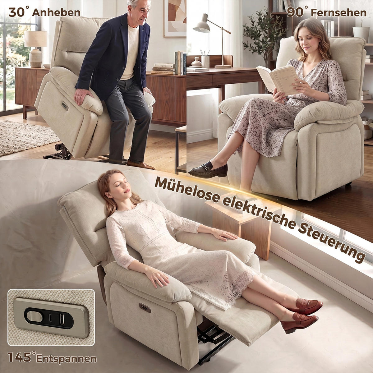 ELEKTRISK uppståstol chenille 100 polyester cremefärgad - Cremefärgad, Textil/Metall (82/96/88cm) - HOMCOM