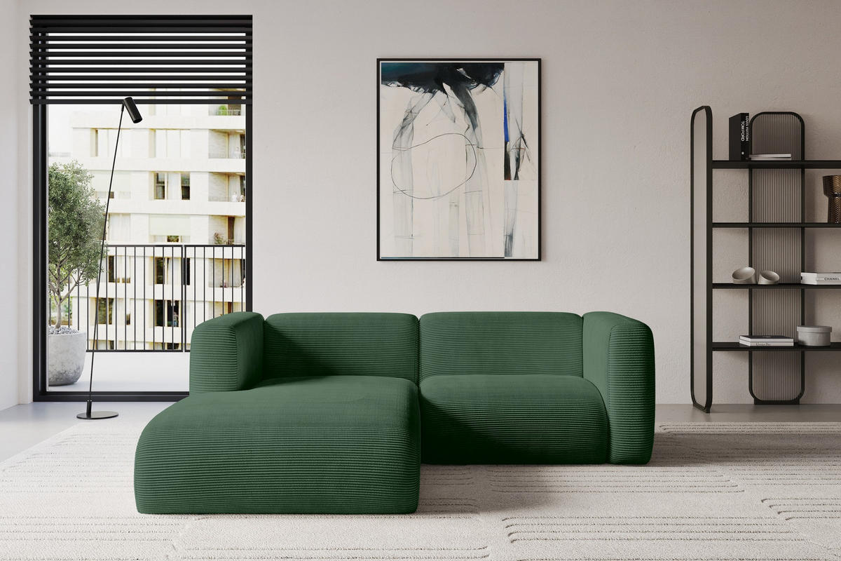 ECKSOFA Ottomane Links MIRA-L1 227x179x89 Grün Cord - Salbeigrün/Schwarz, Holzwerkstoff/Kunststoff (227/179cm) - ALTDECOR