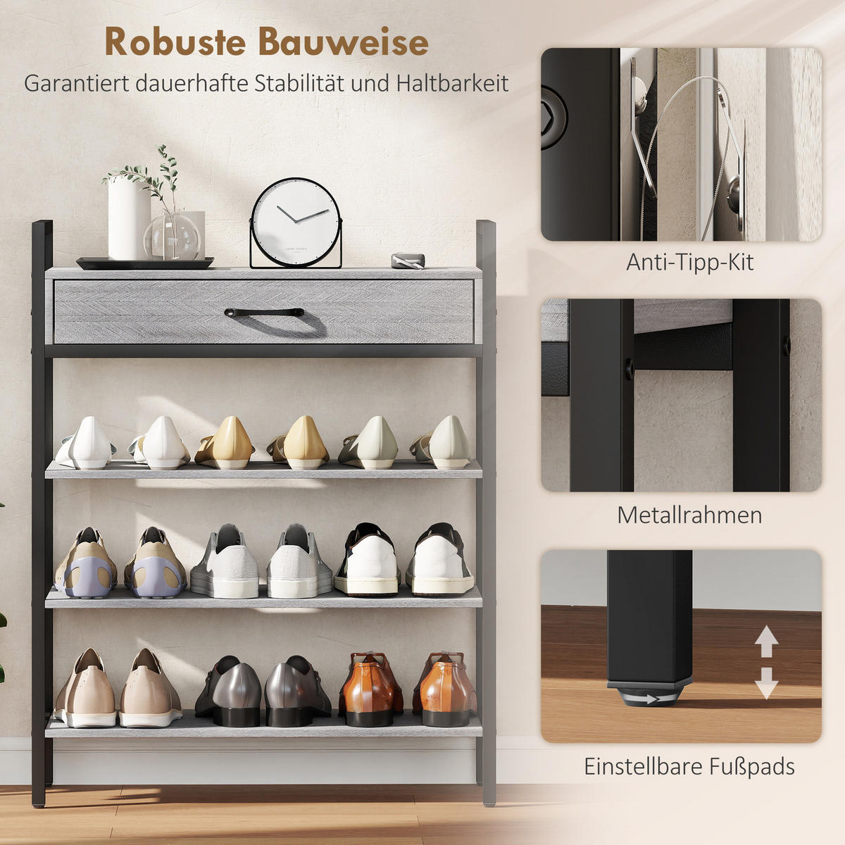 SCHUHREGAL 4 Ebenen Wandgarderobe mit Ablage 5 Haken und Stange gepolstert - Schwarz/Grau, Holzwerkstoff/Metall (30/87.6/70cm)