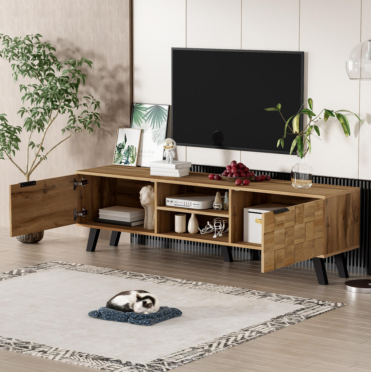 TV-LOWBOARD aus Spanplatte 160,5x35,5x45 cm Holzfarbe mit 2 Türen und offenen Fächern - Naturfarben, Holzwerkstoff (160.5/45/35.5cm) - IVMEU