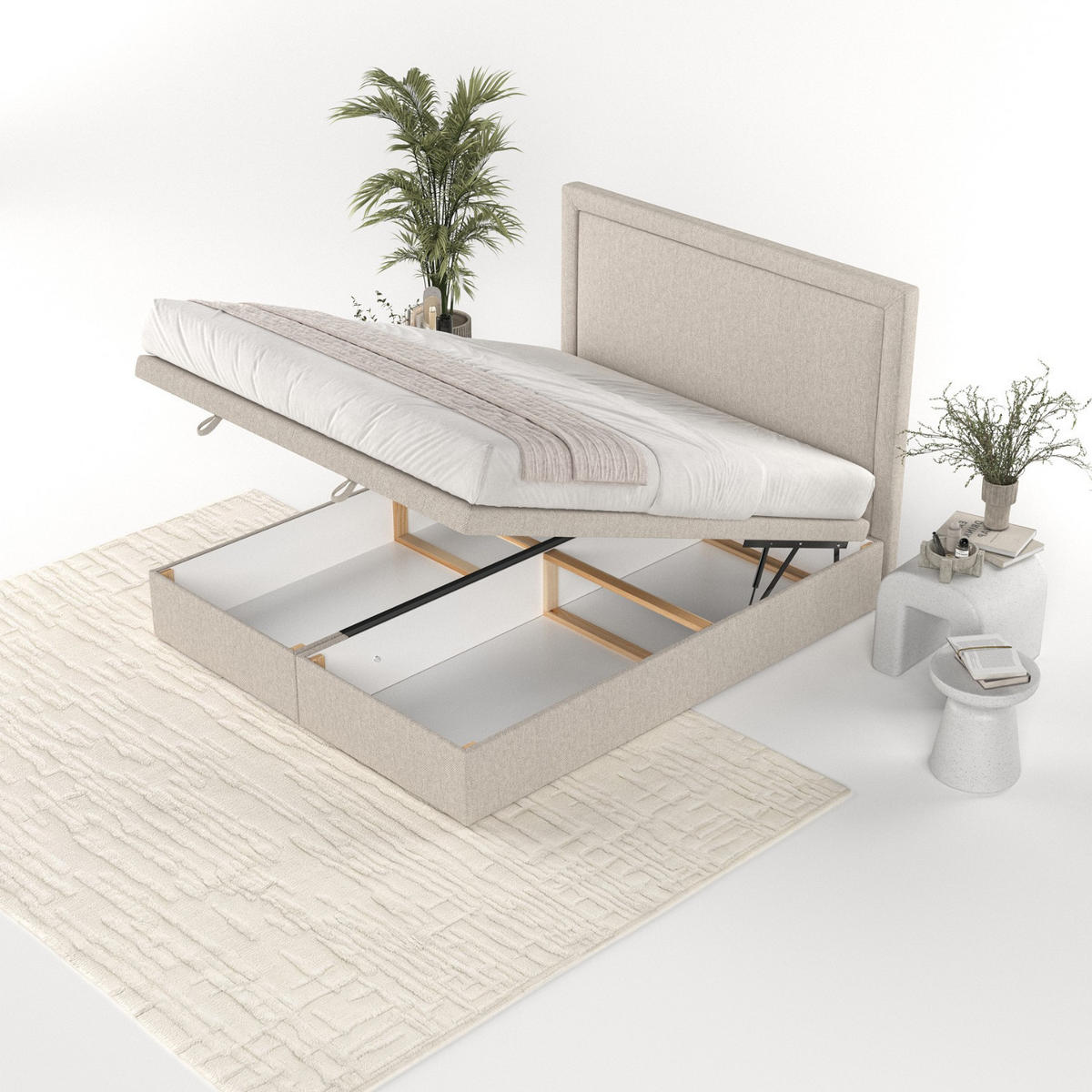 POLSTERBETT Salma mit Stauraum 160/200 cm Hellbeige im Megan Stoff - Sandfarben/Schwarz, Holz/Holzwerkstoff (160/200cm) - AltaBeds