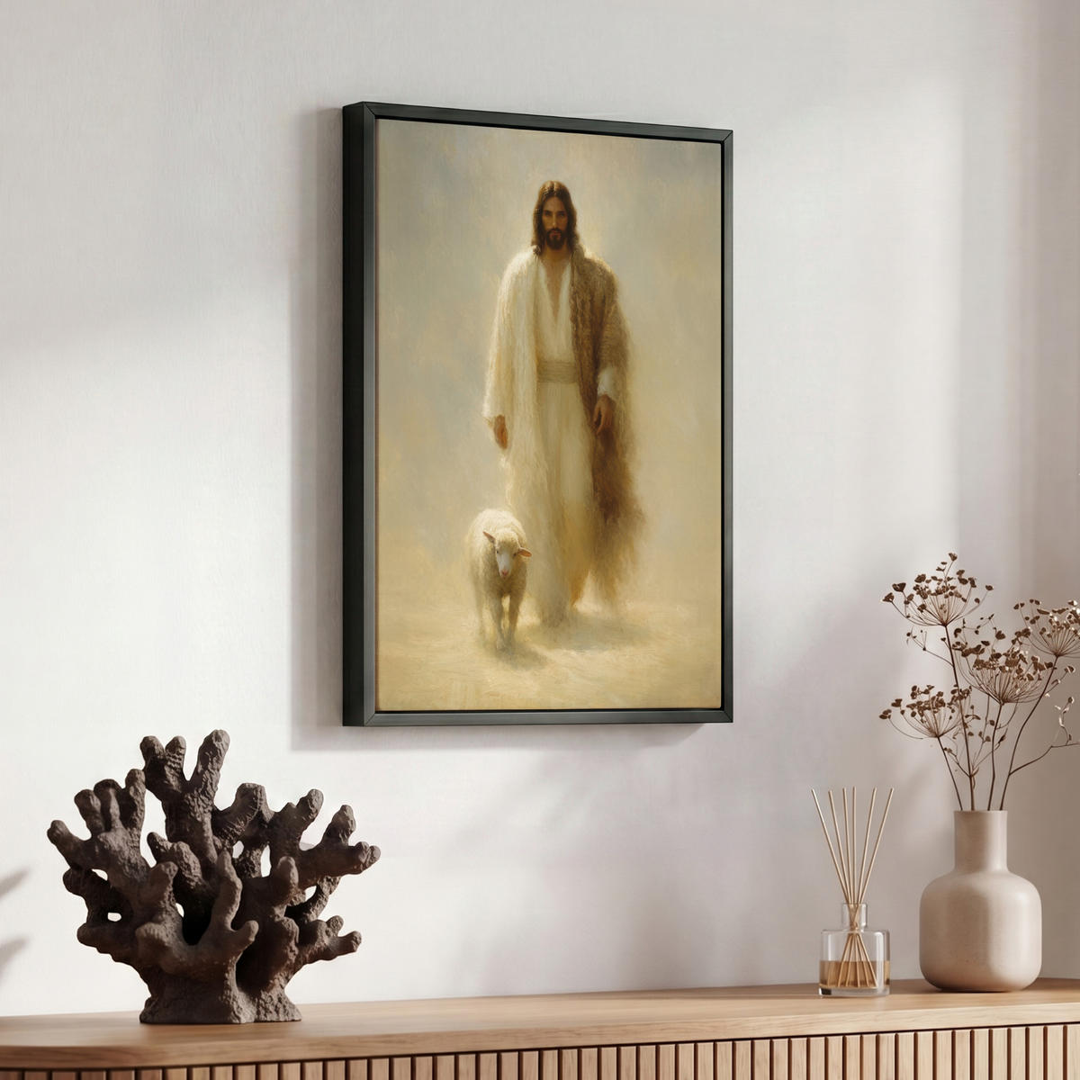 LEINWAND Bilder mit Rahmen - Schaf - Jesus - Pinselstriche - Abstrakt - 30x40 - Beige, Textil (30/40cm) - MuchoWow