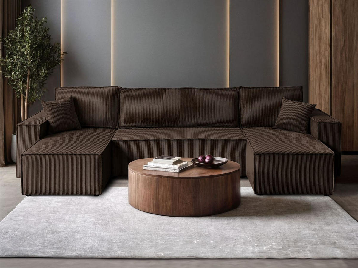 WOHNLANDSCHAFT Gepolstertes CARLO U Cord mit Schlaffunktion und Bettkasten, Poso 06 - Braun, Textil (315/83/143cm) - Lookway