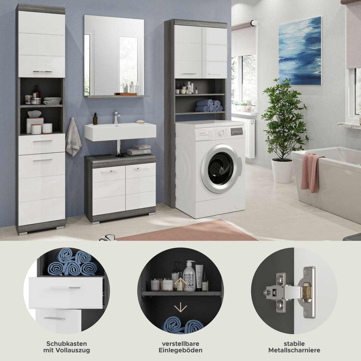 BADKOMBINATION 4tlg. Scout Bad in Rauchsilber Nachbildung und weiß hochglanz B/H/T: 190x191x34 cm - Anthrazit, Holz (190/191/34cm)