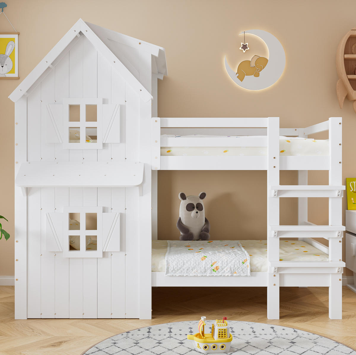 ETAGENBETT mit Dach und Fenstern 90x200 cm Weiß - Weiß, Holzwerkstoff (90/200cm) - Beauniv