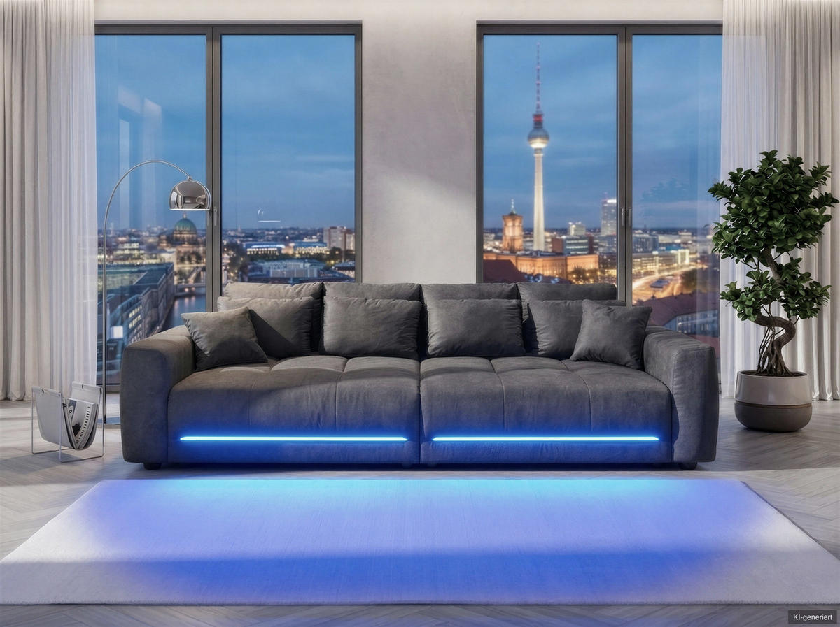 BIG-SOFA Federkern B294/T136/H86 cm, RGB-LED-Beleuchtung mit Fernbedienung, Mikrofaserstoff in Anthrazit / 15415 - Anthrazit/Schwarz, Kunststoff/Textil (294/86/136cm) - luma-home