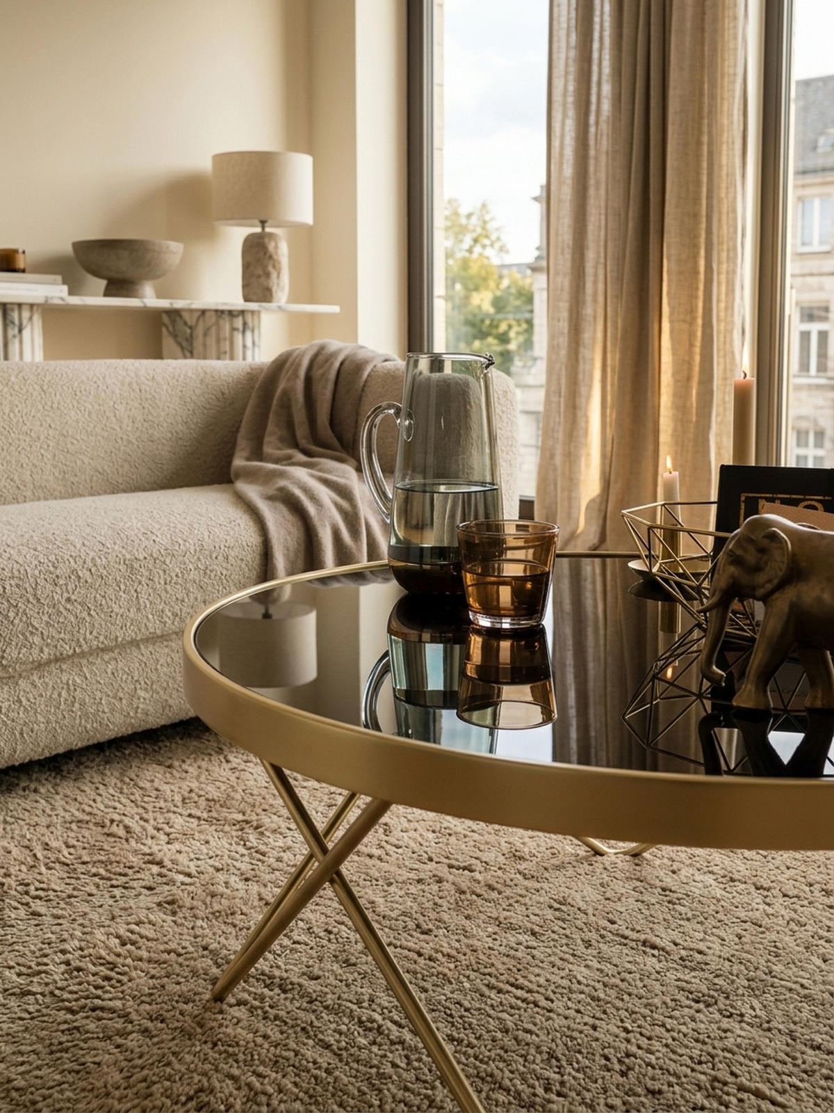 BEISTELLTISCH Schwarz Glasplatte Goldene Beine Retro-Stil 82cm Durchmesser - Goldfarben/Schwarz, Glas/Metall (82/82/39cm) - KADIMA DESIGN