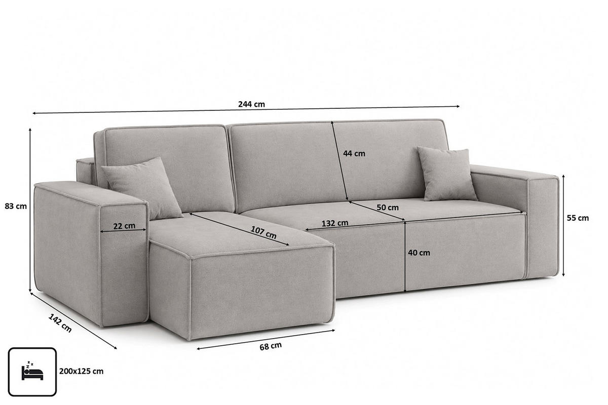 ROHOVÁ SEDAČKA ve tvaru L s funkcí spaní a úložným prostorem, velurová tkanina Bluvel, Šedá, Levá strana, BEST L - šedá, dřevo (244/142cm) - Kaiser Möbel