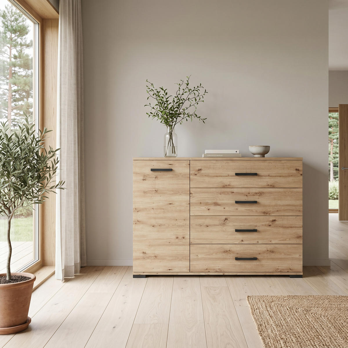 KOMMODE ALBANO 120/83/40cm mit 4 Schubladen 1 Türen Eiche Artisan - Eiche Artisan, Holzwerkstoff (120/83/40cm) - MASSENO