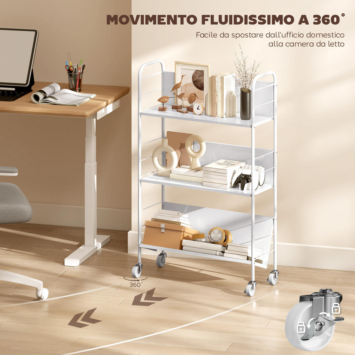 BÜCHERWAGEN,3-STÖCKIG mit Rollen 69x26x108cm,weiß - Weiß, Metall (69/108/26cm) - Vallsero